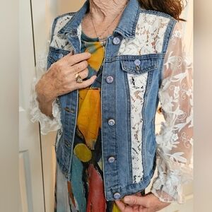 Denim and Lace Jacket with Sheer 3/4  Sleeves Small